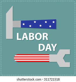 Labor day Wrench key and hammer with star strip Flat design vector illustration