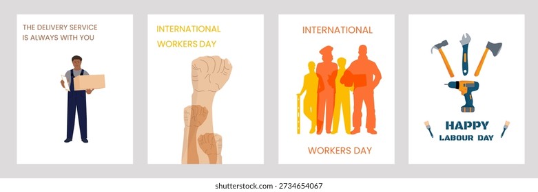 Dia do trabalho.Um conjunto de cartões postais.Conteúdo para saudação
postagens, banners, apresentações, sites, redes sociais e produtos impressos