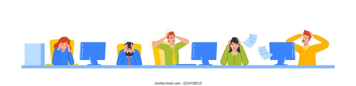 Labor Deadline, Problems at Work, Stress in Office Concept, Anxious Workers Sitting at Workplace with Piles of papers Hurry Up with Job, Work Rush, Overwork People. Cartoon Vector Illustration