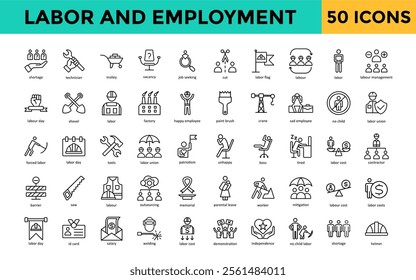 Labor and Employment icon set with shortage, technician, trolley, vacancy, job seeking, cut, labor flag, labour, labor, labour management icon. Simple line vector 