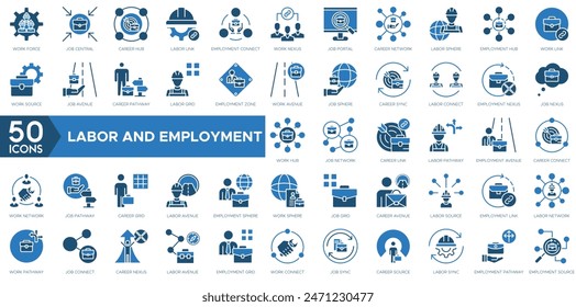 Icono de Trabajo y Empleo. Fuerza de Trabajo, Job Central, Career Hub, Enlace Laboral, Conexión de Empleo, Nexo Laboral, Portal de Empleo, Red de Carreras, Esfera Laboral y Centro de Empleo