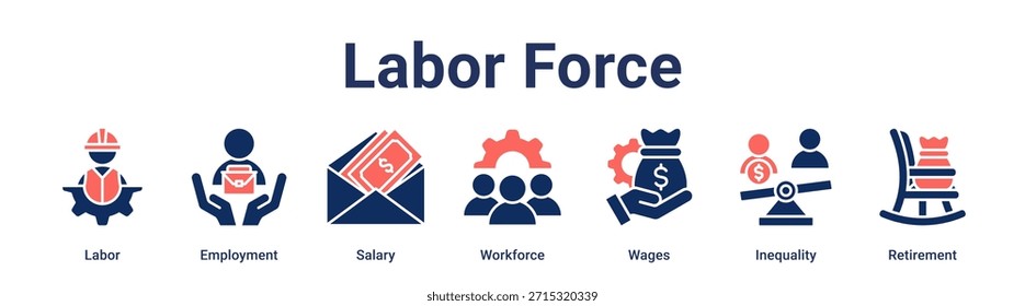 Concepto de Ilustración vectorial de ícono de Web de Anuncio de fuerza laboral para empresas con ícono de trabajo, empleo, salario, fuerza laboral, salarios, desigualdad.