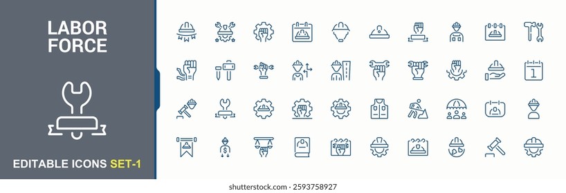 Labor Force icons set. Containing fist, worker, force, technician, engineering, day and more. Thin linear style icons. Minimalist editable vector stroke.