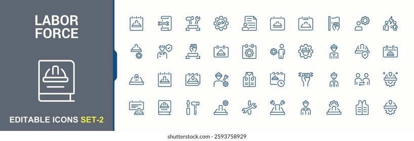 Labor Force icons set. Containing fist, worker, force, technician, engineering, day and more. Thin linear style icons. Minimalist editable vector stroke.