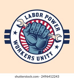 Labor hand holding a spanner labor tool vintage retro badge logo