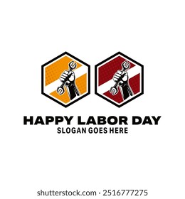 Labor hand holding a spanner labor tool logo design