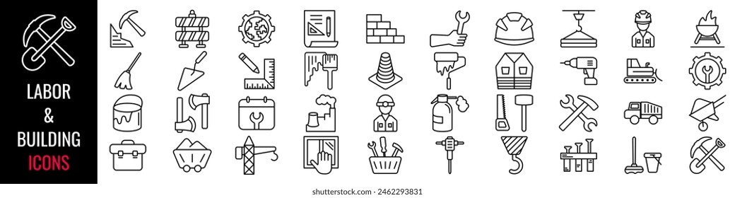 Conjunto de iconos de trabajo. Conjunto de construcción y construcción. Estilo lineal. Ilustración vectorial.