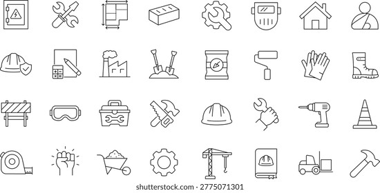 Labor icon set. Editable line icons. Containing construction, labour day, renovation, repair, engineer, gear, builder, labour, helmet, crane, brick and more.
