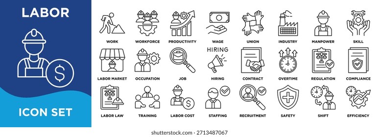 Conjunto de íconos laborales que ilustran la fuerza laboral, la contratación, los salarios, la seguridad, la conformidad, la productividad, la capacitación y los conceptos del mercado laboral. Vector lineal