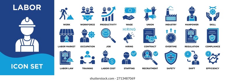 Conjunto de iconos de trabajo que muestra la fuerza laboral, la contratación, los salarios, la seguridad, la conformidad, la productividad, la capacitación y la eficacia. Vector de ilustración en color de glifos