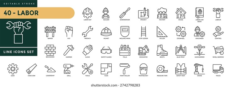 Labor icons set with editable stroke, including  construction, repairman, tools, labour day, renovation. Thin linear vector illustration.
