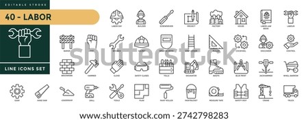 Labor icons set with editable stroke, including  construction, repairman, tools, labour day, renovation. Thin linear vector illustration.