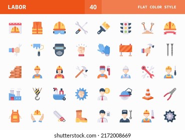 Labor icons set. Flat color set of vector. Can used for digital product, presentation, UI and many more.