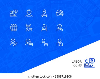 Labor icons. Set of line icons on white background. Technician, consultant, call center. Job concept. Vector illustration can be used for topic like business, professional occupation, employment