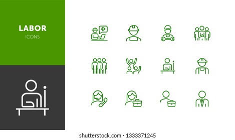 Labor icons. Set of line icons on white background. Technician, consultant, call center. Job concept. Vector illustration can be used for topic like business, professional occupation, employment