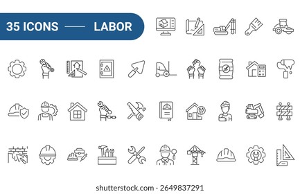 Labor Icons Set in Line or outline Style related to labor, construction, labor day, renovation. Icons For Web and Mobile Apps. Outline icons collection. Editable strokes. Vector illustration.