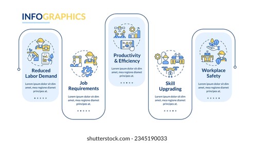 Labor impacts of agricultural automation rectangle infographic template. Data visualization with 5 steps. Editable timeline info chart. Workflow layout with line icons. Lato-Bold, Regular fonts used