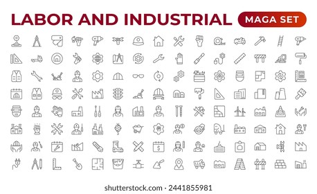 Labor- und Industriesymbol-Set. Liniensatz der Maschinensymbole für Ingenieur, Getriebe und Getriebe. Fertigungs- und Konstruktionszeilen-Symbolsatz. Produktion, Einstellung, Industriefabrik, Arbeit,