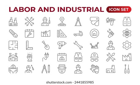 Labor and Industrial icon set. Line set of Engineer, Gear, and Gears mechanical machine icons. Manufacturing and Engineering line icon set. Production, Setting, Industrial Factory,  Labour,