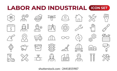 Labor and Industrial icon set. Line set of Engineer, Gear, and Gears mechanical machine icons. Manufacturing and Engineering line icon set. Production, Setting, Industrial Factory,  Labour,