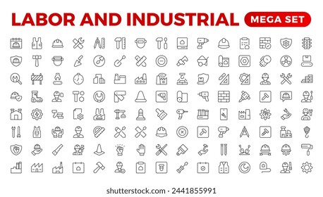 Labor and Industrial icon set. Line set of Engineer, Gear, and Gears mechanical machine icons. Manufacturing and Engineering line icon set. Production, Setting, Industrial Factory,  Labour,