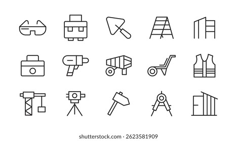 Labor and Industrial line icon set. Includes engineer, construction tools, labour, construction vehicles, villa, heavy, effort, difficult, task, carry, society line icon set. UI thin line icon pack.