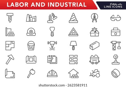Labor and Industrial line icon set. Includes engineer, construction tools, labour, construction vehicles, villa, heavy, effort, difficult, task, carry, society line icon set. UI thin line icon pack.