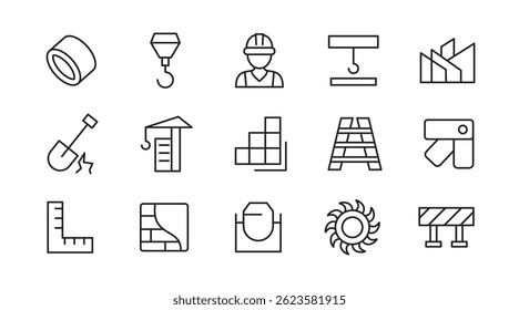 Labor and Industrial line icon set. Includes engineer, construction tools, labour, construction vehicles, villa, heavy, effort, difficult, task, carry, society line icon set. UI thin line icon pack.