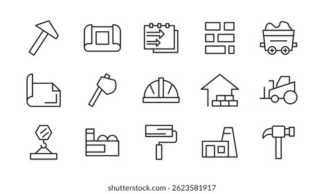 Labor and Industrial line icon set. Includes engineer, construction tools, labour, construction vehicles, villa, heavy, effort, difficult, task, carry, society line icon set. UI thin line icon pack.