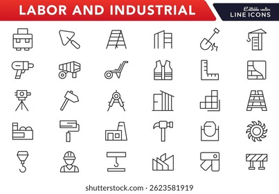 Labor and Industrial line icon set. Includes engineer, construction tools, labour, construction vehicles, villa, heavy, effort, difficult, task, carry, society line icon set. UI thin line icon pack.