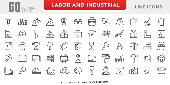 Labor and Industrial line icon set. Includes engineer, construction tools, labour, construction vehicles, villa, heavy, effort, difficult, task, carry, society line icon set. UI thin line icon pack.