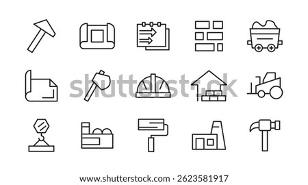Labor and Industrial line icon set. Includes engineer, construction tools, labour, construction vehicles, villa, heavy, effort, difficult, task, carry, society line icon set. UI thin line icon pack.