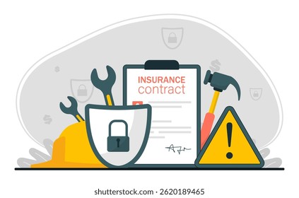 Labor insurance policy scene. Occupational safety regulation work contract. Accident protection and safety of workers. Employee life assurance and injury prevention. Flat isolated vector illustration.