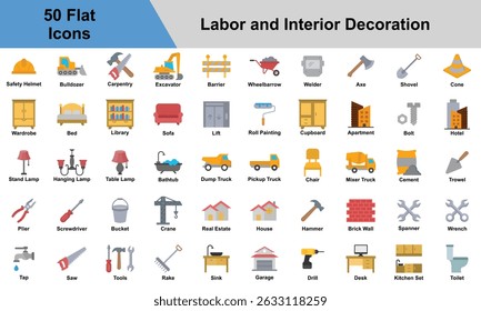 Labor and Interior Decoration Icon Set Collection. Containing Excavator, Mixer Truck, Cement, Trowel, Dump Truck, Pickup Truck, Chair, Lamp,  Wardrobe, Bed, Bathtub. Simple Flat Vector Illustration.