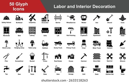 Coleção de Conjunto de Ícones de Decoração de Mão-de-Obra e Interior. Contendo Escavadora, Mixer Truck, Cimento, Trowel, Dump Truck, Pickup Truck, Cadeira, Lâmpada, Roupeiro, Cama, Banheira. Ilustração de vetor de glifo simples.