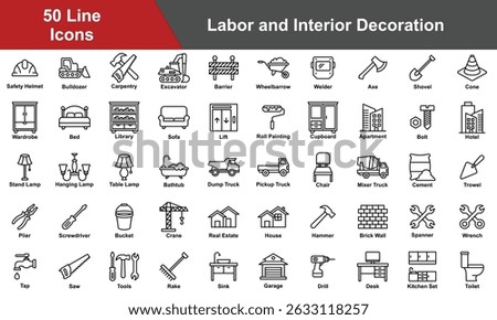 Labor and Interior Decoration Icon Set Collection. Containing Excavator, Mixer Truck, Cement, Trowel, Dump Truck, Pickup Truck, Chair, Lamp,  Wardrobe, Bed, Bathtub. Simple Line Vector Illustration.