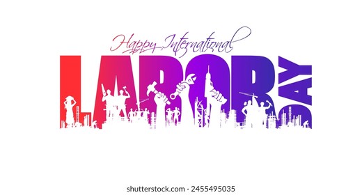 Labor or Labour day. Happy international Labour Day typography with labor worker raised hand for rights and celebration background.