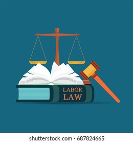 Labor Law Books With A Judges Gavel In Flat Style, Conceptual  Law And Justice Set Icon, Vector Illustration.