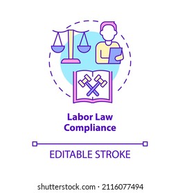 Labor Law Compliance Concept Icon. Employees Treatment. HR Manager Duties Abstract Idea Thin Line Illustration. Isolated Outline Drawing. Editable Stroke. Roboto-Medium, Myriad Pro-Bold Fonts Used