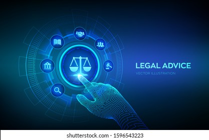 Labor Law, Lawyer, Attorney At Law, Legal Advice Concept On Virtual Screen. Internet Law And Cyberlaw As Digital Legal Services Or Online Lawyer Advice. Robotic Hand Touching Digital Interface. Vector