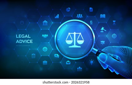 Labor law, Lawyer, Attorney at law, Legal advice concept with magnifier in wireframe hand and icons. Internet law and cyberlaw as digital legal services or online lawyer advice. Vector illustration.