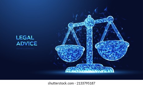 Labor law, Lawyer, Attorney at law, Legal advice concept. Abstract low polygonal 3D balance scales made of polygons, triangles, points and lines. Cyberlaw, online lawyer advice. Vector illustration.