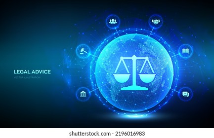 Labor law, Lawyer, Attorney at law, Legal advice concept. Internet law as digital online legal services. World map point and line composition. Abstract Eearth planet globe Vector illustration.