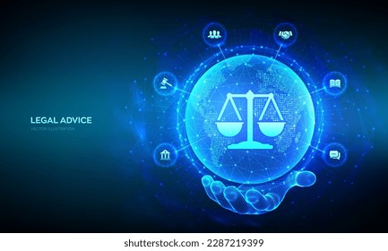 Labor law, Lawyer, Attorney at law, Legal advice concept. Internet law as digital online legal services. World map point and line composition. Earth planet globe in wireframe hand. Vector. EPS10.