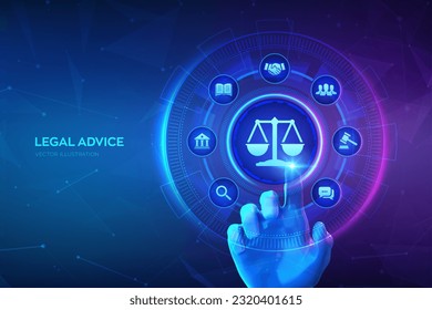 Labor law, Lawyer, Attorney at law, Legal advice concept on virtual screen. Internet law and cyberlaw as digital legal services or online lawyer advice. Hand touching digital interface. Vector. EPS10.