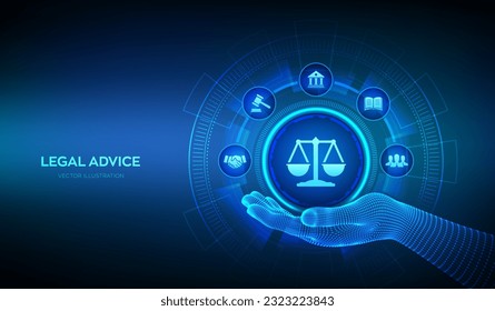 Labor law, Lawyer, Attorney at law, Legal advice concept on virtual screen. Internetlaw and cyberlaw as digital legal services or online lawyer advice. Law sign in wireframe hand. Vector illustration.