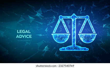 Labor law, Lawyer, Attorney at law, Legal advice concept. Abstract low polygonal 3D balance scales made of polygons, triangles, points and lines. Cyberlaw, online lawyer advice. Vector illustration.