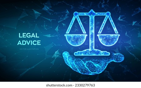 Labor law, Lawyer, Attorney at law, Legal advice concept. Abstract low polygonal 3D balance scales icon in wireframe hand. Cyberlaw, online lawyer advice. Vector illustration.