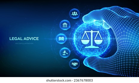 Labor law, Lawyer, Attorney at law, Legal advice concept in the shape of polygonal sphere with justice symbol in wireframe hand. Internet law as digital online legal services. Vector Illustration.