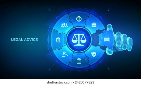 Labor law, Lawyer, Attorney at law, Legal advice concept. Internet law services and cyberlaw. Wireframe hand places an element into a composition visualizing online lawyer advice. Vector illustration.